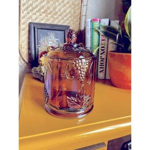 Vintage Indiana Iridescent Gold Harvest Grape Carnival Glass Lidded Canister